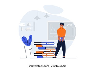 Education web concept with character scene. Student answering by blackboard in class and preparing exams. People situation in flat design. Vector illustration for social media marketing material.