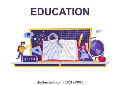 Education web concept in flat style. Children go to school, students studying at university, primary and higher education scene. Vector illustration of cartoon people characters for website design