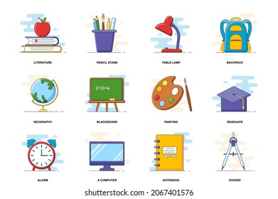 Education web concept stroke flat line icons isolated set. Study at lessons items bundle. Graphic linear symbols collection for website design. Vector conceptual pack outline pictograms for mobile app