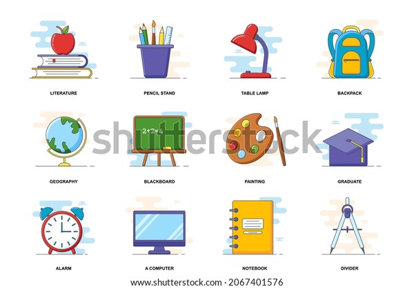 Education web concept stroke flat line icons isolated\
set. Study at lessons items bundle. Graphic linear symbols\
collection for website design. Vector conceptual pack outline\
pictograms for mobile\
app