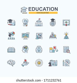 Education web icon for development, course, teacher, study, e-learning, brain, degree, online education, certificate and knowledge. Minimal cartoon vector infographic