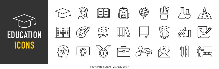 Education web icons in line style. School, university, success, academic, textbook, distance learning, collection. Vector illustration.