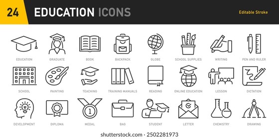 Education web icons in line style. School, university, success, academic, textbook, distance learning, collection. Vector illustration.