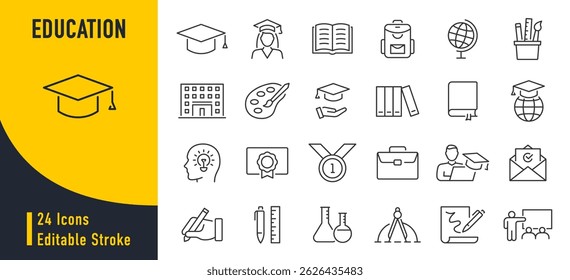 Education web icons in line style. School, university, success, academic, textbook, distance learning, collection. Vector illustration.	