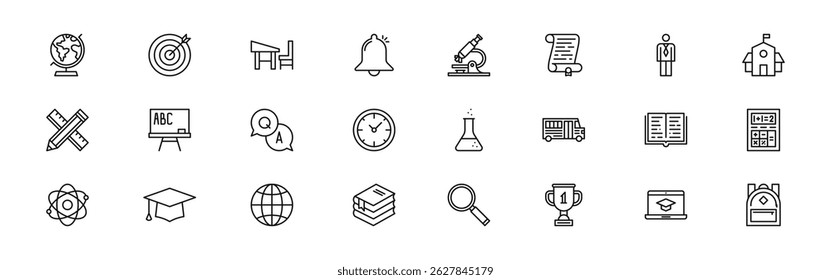 Education web icons in line style. Back to school, learning, knowledge, student, book. Editable stroke. Vector illustration.