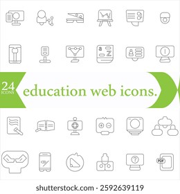 education web icons. outline thin line icons such as fountain pen,crayon,learning,school,sociology,web camera,study tools,geography.