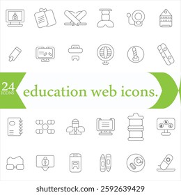 education web icons. outline thin line icons such as fountain pen,crayon,learning,school,sociology,web camera study tools geography.