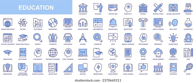 Education web icons set in blue line design. Pack of teacher, school, creativity, wisdom, online library, e-learning, audio course, certificate, video tutorial, other. Vector outline stroke pictograms