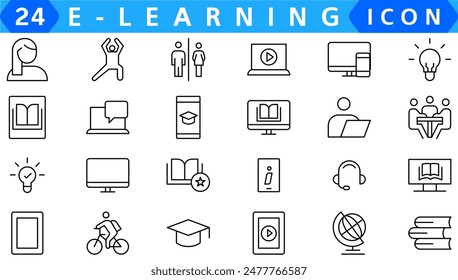 Education web icons set in thin line design. Pack of teacher, school, creativity, wisdom, online library, e-learning, audio course, certificate, video tutorial, other. Outline stroke pictograms