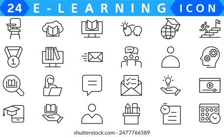 Education web icons set in thin line design. Pack of teacher, school, creativity, wisdom, online library, e-learning, audio course, certificate, video tutorial, other. Outline stroke pictograms
