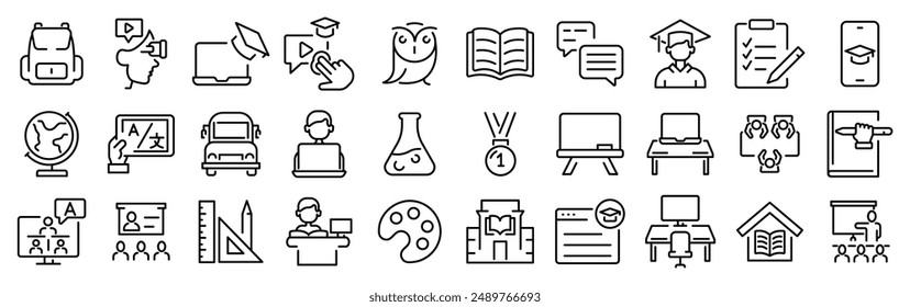 Education web line icons. e learning. School, university, success, academic, textbook, Distance learning. Electronic resources