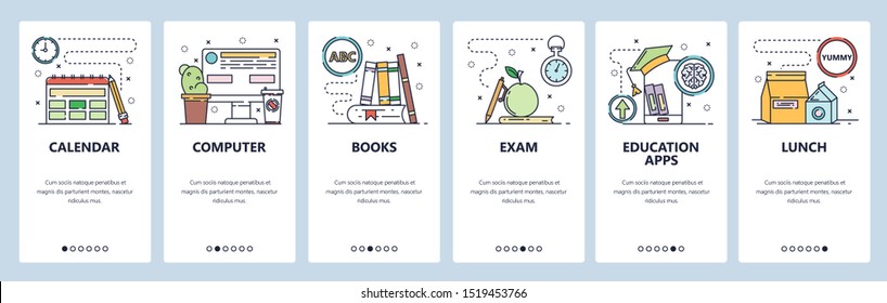 Education web site and mobile app onboarding screens. Menu banner vector template for website and application development. Thin line art flat style.