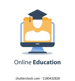 Education webinar, online course, subject lecture, web seminar, training class, tutor or guide, distant exam, tutorial access, computer monitor and person in graduation hat, vector icon