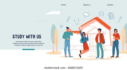 Education website banner with university or college students. Study with us concept of webpage for online and university education, flat vector illustration isolated on white background.
