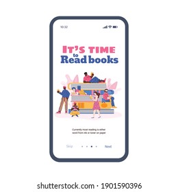 Bildungswebsite oder das Lesen von App-Konzepten mit Menschen, die auf einem Stapel von Büchern sitzen. Flaches Cartoon auf Internatsbanner auf Smartphone-Bildschirm, Vektorgrafik.