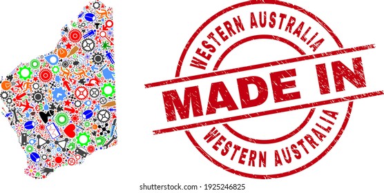 Education Western Australia map mosaic and MADE IN grunge rubber stamp. Western Australia map mosaic composed with spanners, wheels, screwdrivers, items, transports, electric sparks, helmets.