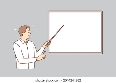 Education and white blackboard concept. Young smiling man teacher lecturer standing pointing with stick to white mockup copy space blackboard vector illustration 