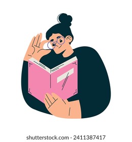 Education with Woman Character in Glasses Read Book Learning and Study Vector Illustration