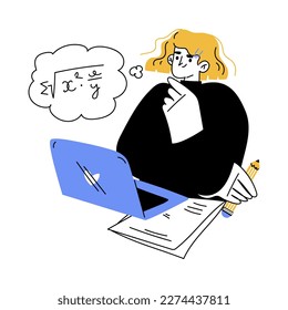 Education with Woman Character at Laptop Studying and Learning Discipline Vector Illustration