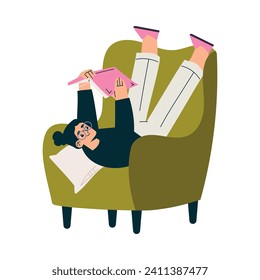 Education with Woman Character Lying on Armchair with Book Learning and Study Vector Illustration