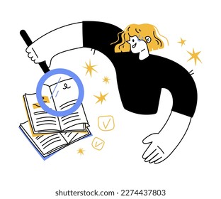 Education with Woman Character with Magnifying Glass Studying and Learning Discipline Vector Illustration