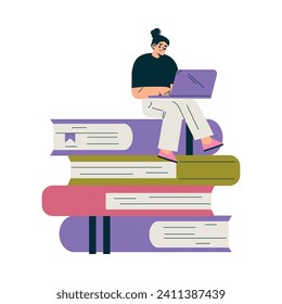 Education with Woman Character Sit on Pile of Books with Laptop Learning and Study Vector Illustration