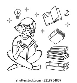 EDUCATION Woman Student Reads University Schoolbook Home Learning Monochrome Doodle Sketch Hand Drawn Vector Self-Education Home Teaching Of People New Concept