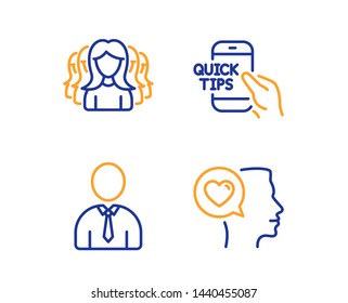 Education, Women group and Human icons simple set. Romantic talk sign. Quick tips, Lady service, Person profile. Love chat. People set. Linear education icon. Colorful design set. Vector