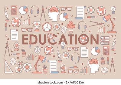 Education word banner template. Learning and studying items cartoon outline illustration. Bar and circle graphs, awards, pencils, and books. Training, workshops, and courses design concept.