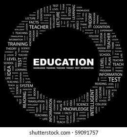 EDUCATION. Word collage on black background. Illustration with different association terms.