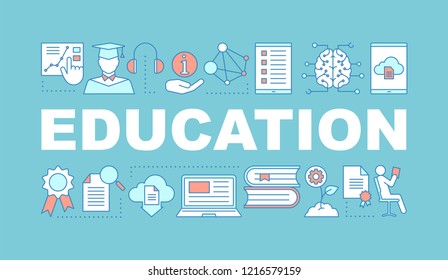 Education word concepts banner. E-learning. Studying. Learning process. Presentation. Educational program. Gain knowledge. Isolated lettering typography with linear icons. Vector outline illustration