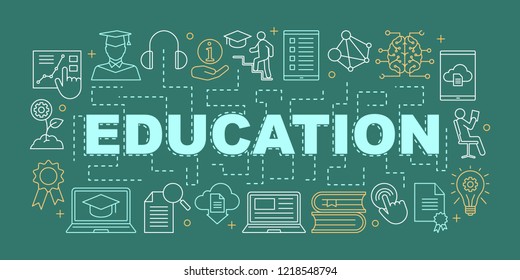 Education word concepts banner. E-learning. Studying. Learning process. Presentation. Educational program. Gain knowledge. Isolated lettering typography with linear icons. Vector outline illustration