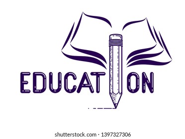 Education word with pencil instead of letter I and book, study and learning concept, vector conceptual creative logo or poster made with special font.