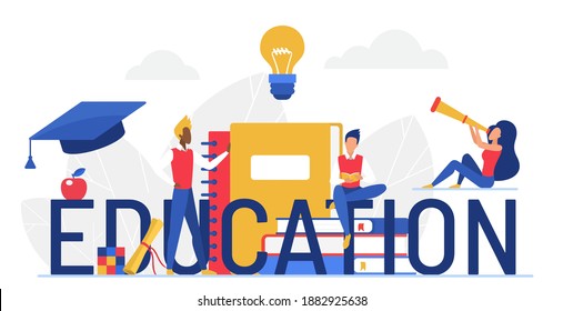 Education word vector illustration. Cartoon flat tiny student people study, man woman characters sitting with pile of books, big letters and telescope spyglass. Educational concept isolated on white