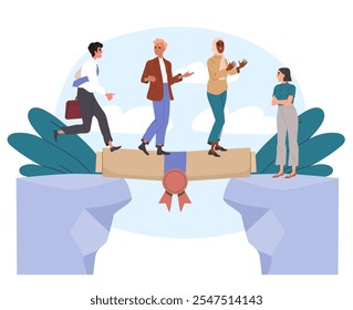 Education and work. Men and women walk along book over cliff. Students and young aspiring professionals. Teamwork, collaboration and cooperation. Flat vector illustration isolated on white background