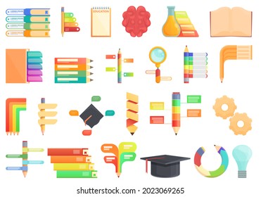 Education workflow icons set cartoon vector. Target search. Job certificate