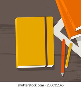 Education workplace with notebook, books, pencil, pen & ruler on wooden school desk