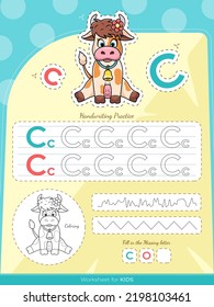 The education worksheet for kids with a cow and letters