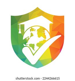 Plantilla del logotipo del vector del mundo de la educación con símbolo del globo y del sombrero de estudiante.
