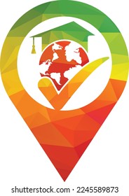 Education world vector logo template with globe and student hat symbol.