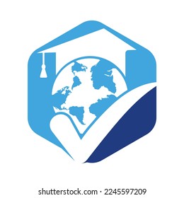 Education world vector logo template with globe and student hat symbol.