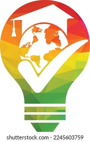 Education world vector logo template with globe and student hat symbol.