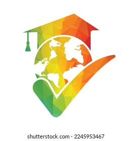 Education world vector logo template with globe and student hat symbol.
