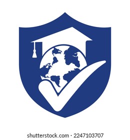 Education world vector logo template with globe and student hat symbol.