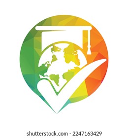 Education world vector logo template with globe and student hat symbol.