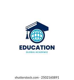 Plantilla del logotipo del Vector del mundo de la Educación con el globo y el símbolo del sombrero del estudiante. Plantilla global de diseño de logotipos de Educación.
