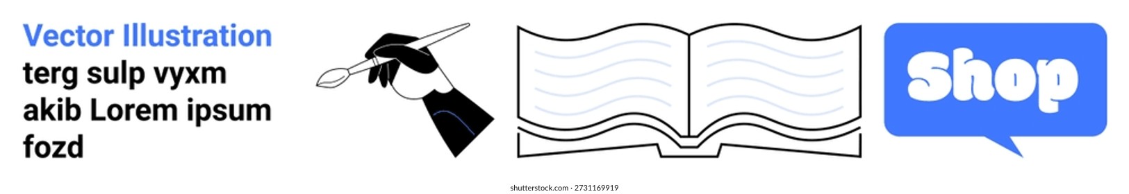 Education, writing, e-commerce, publishing, creativity, learning. Hand with pen, open book and speech bubble with shop text. Education and e-commerce concepts
