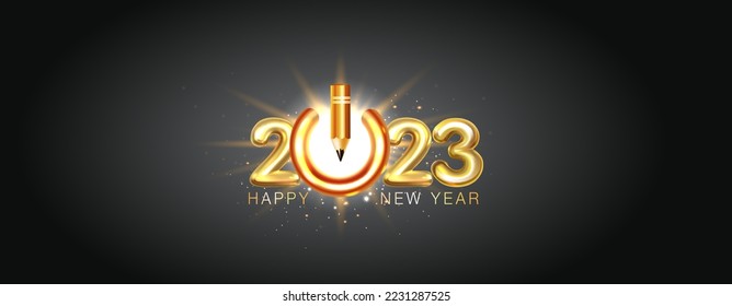 Educationa futuristic concept for 2023 new year. 2023 Happy New Year text with fireworks, bulb light and pencil illustration.