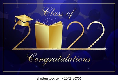 Educational 2022 number, graduating congrats. Class off sign, shiny digits. Golden cylinder, calligraphic text. Isolated abstract graphic design template. Class of 2022. Beautiful calligraphy. Blue bg