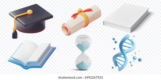 Educational 3D Icons Set with Graduation Cap, Diploma, Book, Hourglass, and DNA Symbol. Academic and Learning Concept Illustration